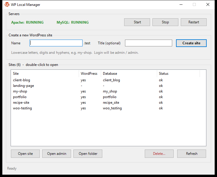 The WP Local Manager window: server status with Start, Stop and Restart buttons, a form to create a new WordPress site, and a list of sites with Open site, Open admin, Open folder and Delete buttons